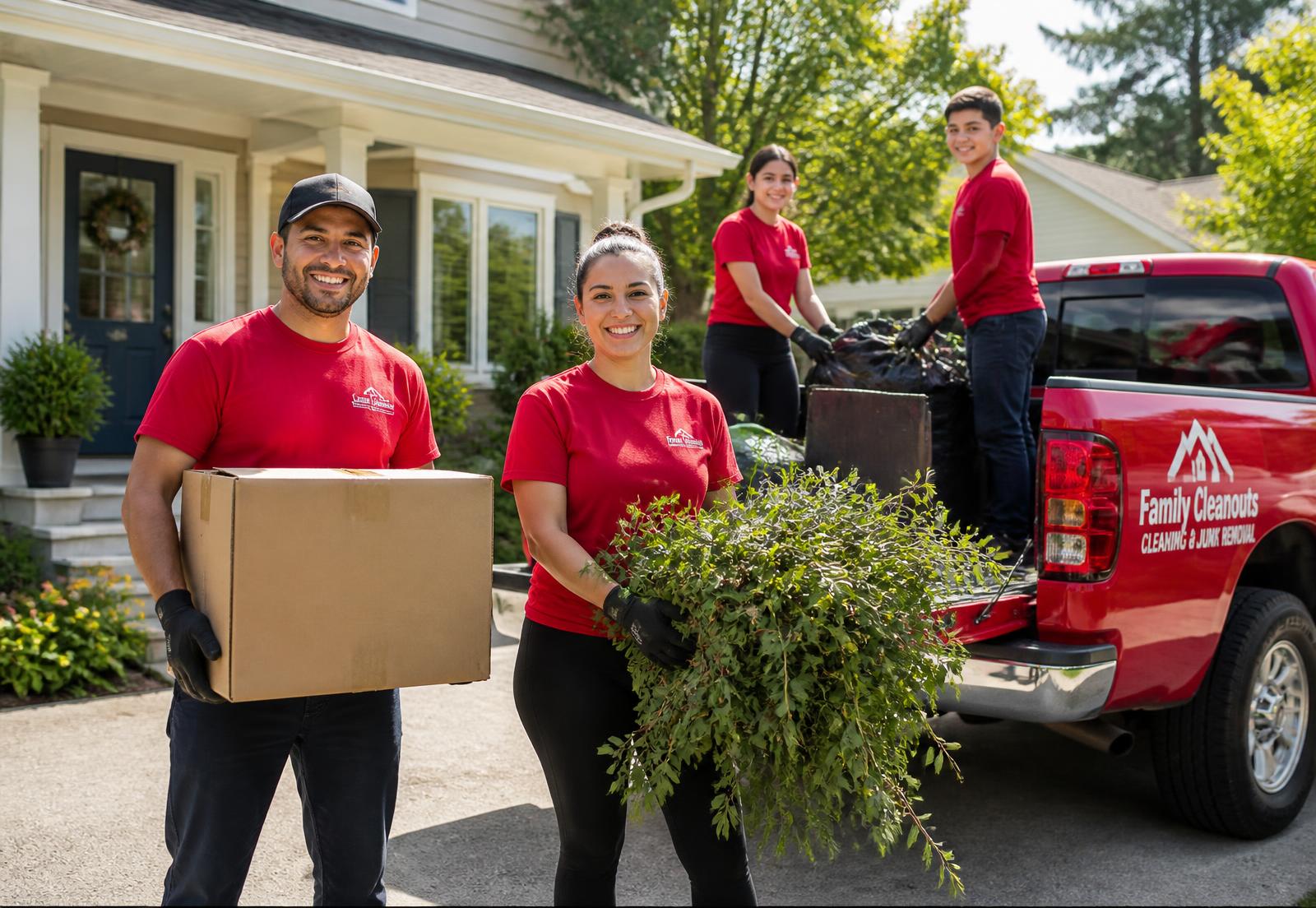 Cleaning crew loading yard waste and boxes into a truck